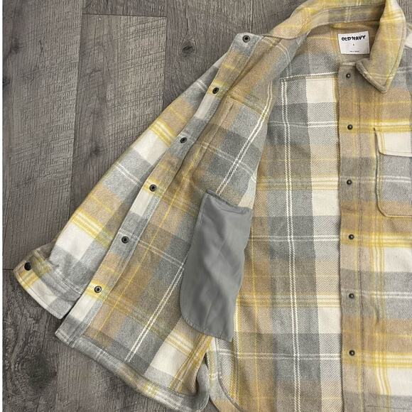 Old Navy Womens Soft-Brushed Plaid Shacket Yellow Gray White Size S - Picture 7 of 9